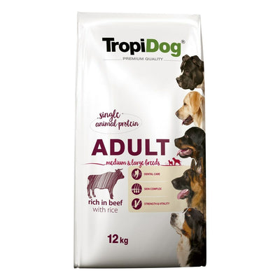 Hundefutter Tropi Dog Premium Adult Medium & Large Erwachsener Rindfleisch Reise 12 kg